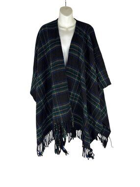 CERVENO Italy Plaid Poncho Wrap Fringed Tartan Cape Black Watch Blue Green